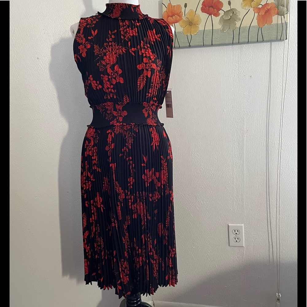 NANETTE LEPORE Red Floral Pleated Sleeveless Smock Neck Midi Dress sz 6